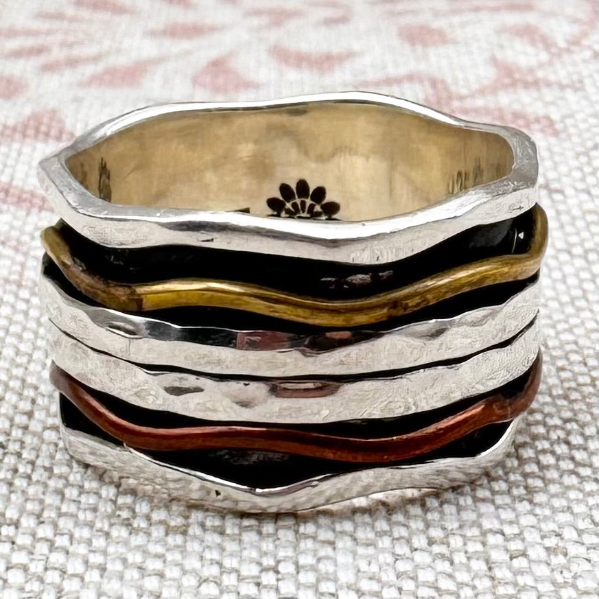 Spinner ring with brass & copper bands, size R/8.5