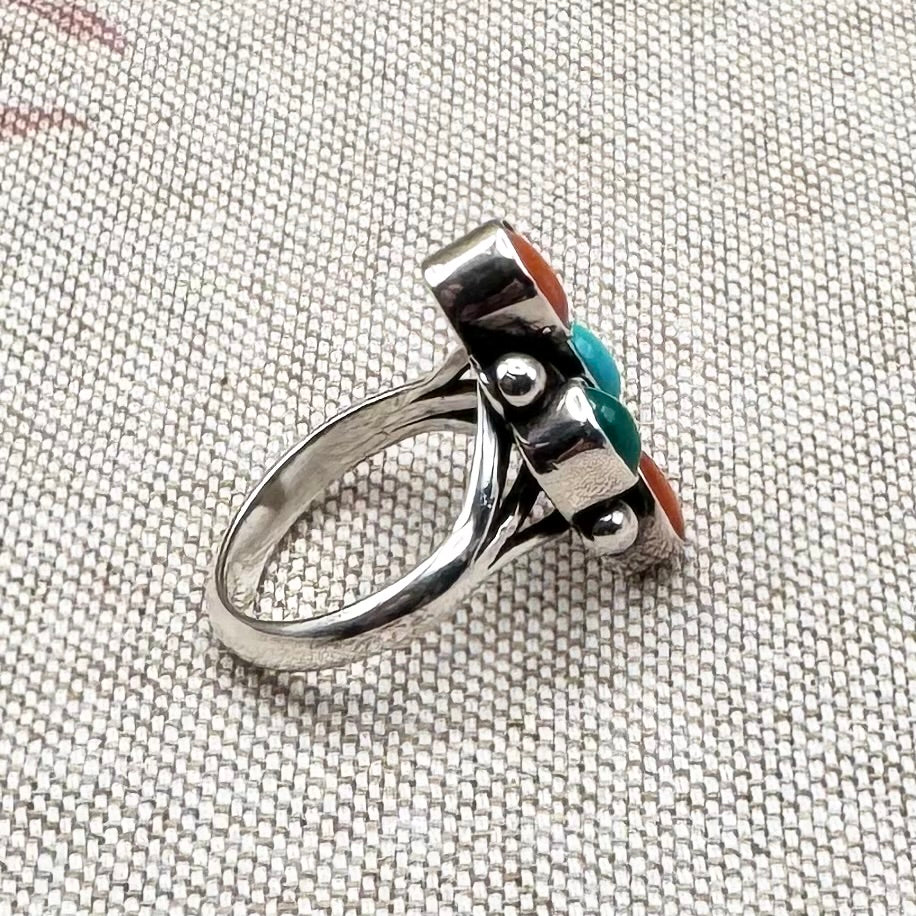 Boho turquoise & coral ring, size L.5/6
