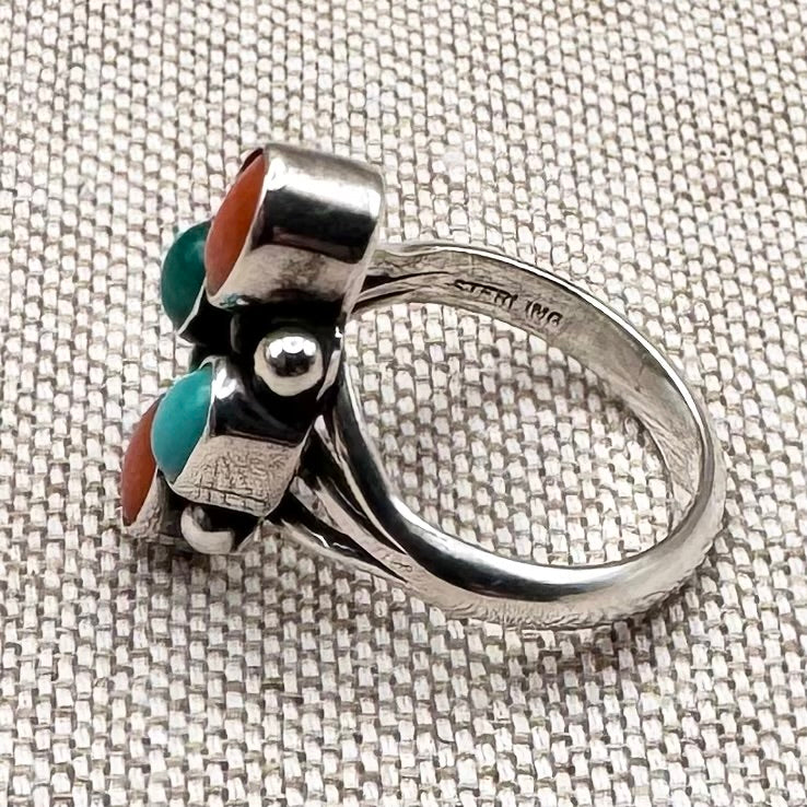 Boho turquoise & coral ring, size L.5/6
