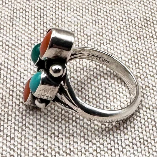 Native American turquoise & coral ring, size L.5 (US 6)