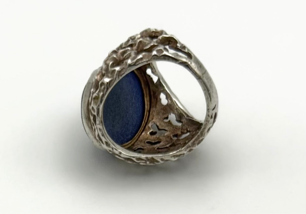 Vintage hallmarked ring with unique muted blue stone, size K.5/5.5