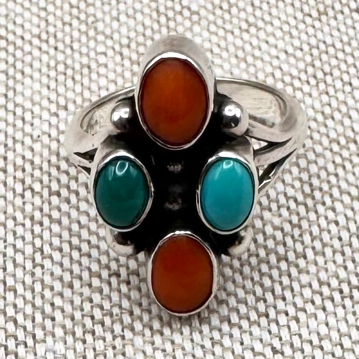 Boho turquoise & coral ring, size L.5/6