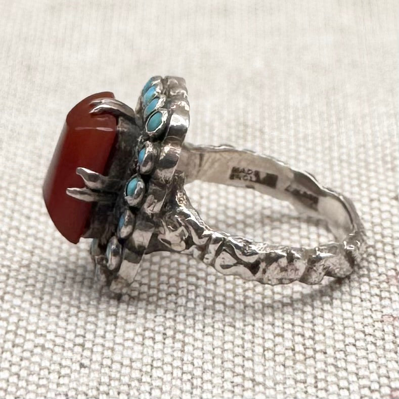 Carnelian and turquoise vintage ring, size J/4.5