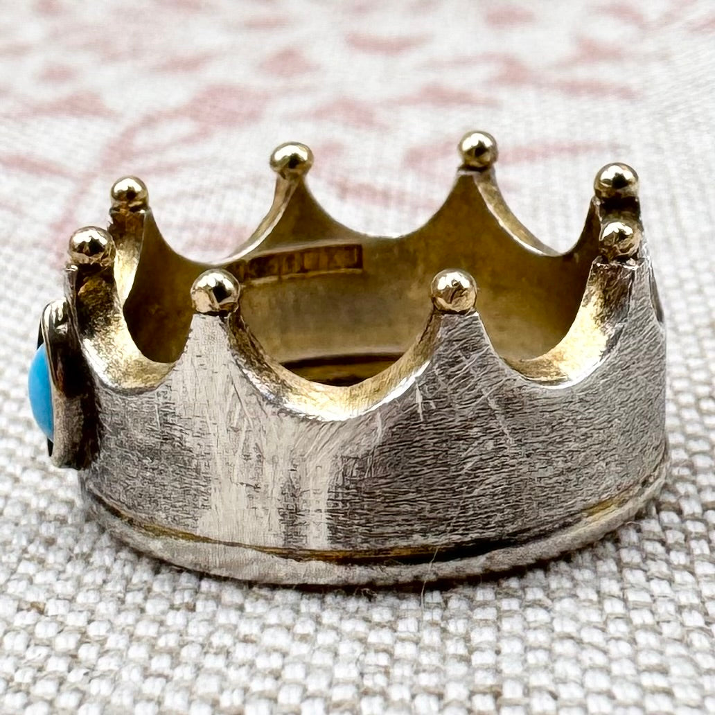 Handcrafted crown ring – silver with turquoise & golden highlights, hallmarked Birmingham 1997, size M/6