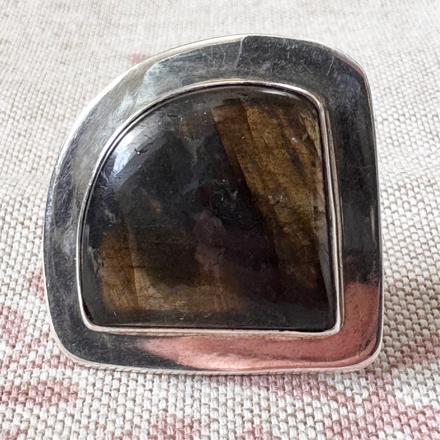 Triangular labradorite statement ring, size L.5/6 (adjustable)