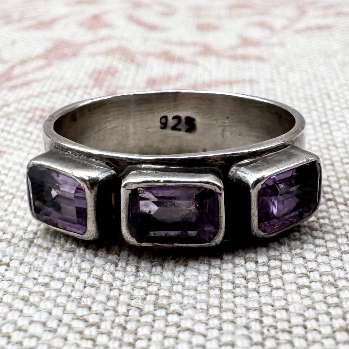 Amethyst ring – triple stone design, size L.5/6