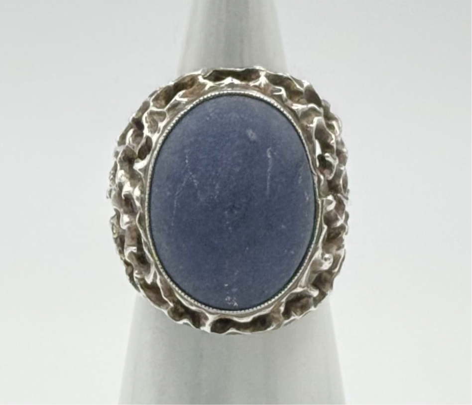 Vintage hallmarked ring with unique muted blue stone, size K.5/5.5