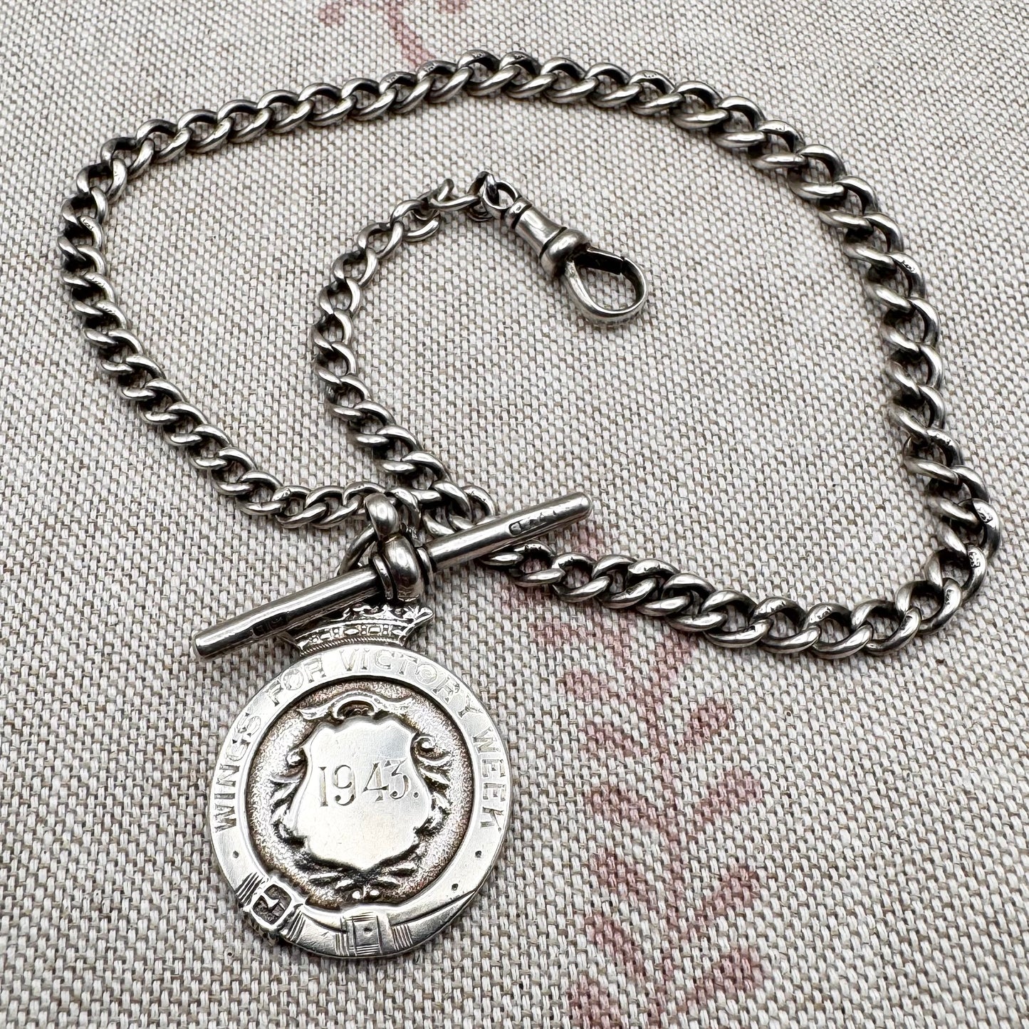 Antique Albert chain (Birmingham 1907) with WWII medallion (London 1929)