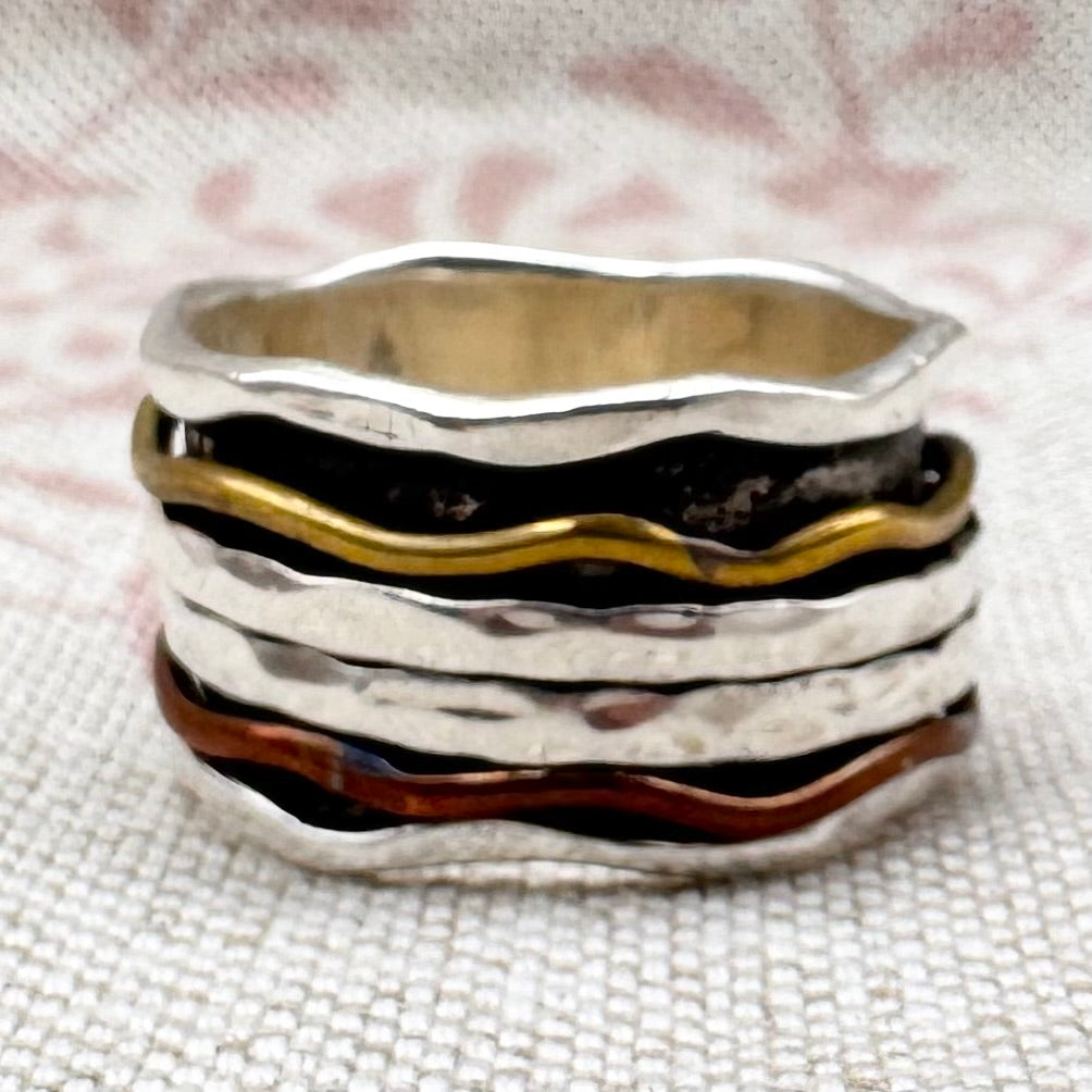Spinner ring with brass & copper bands, size R/8.5