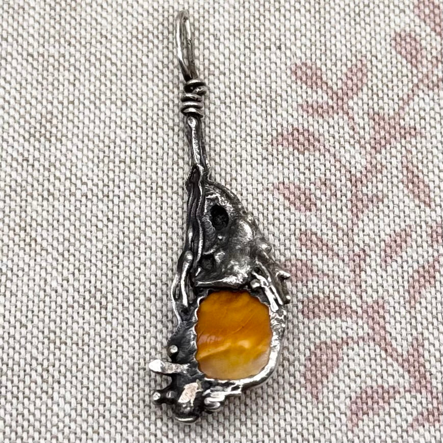 Raw silver & butterscotch amber pendant – organic statement piece