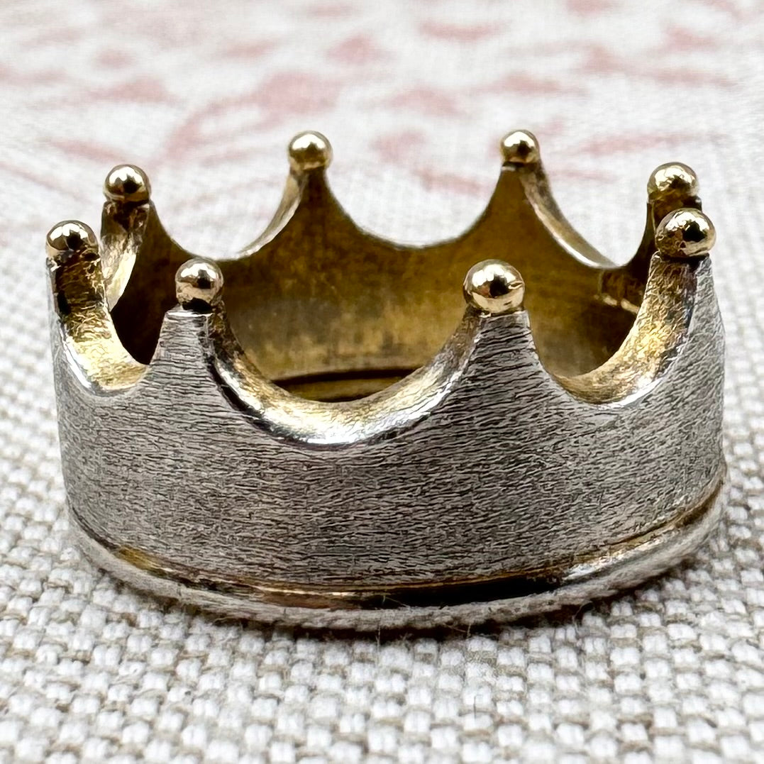 Handcrafted crown ring – silver with turquoise & golden highlights, hallmarked Birmingham 1997, size M/6