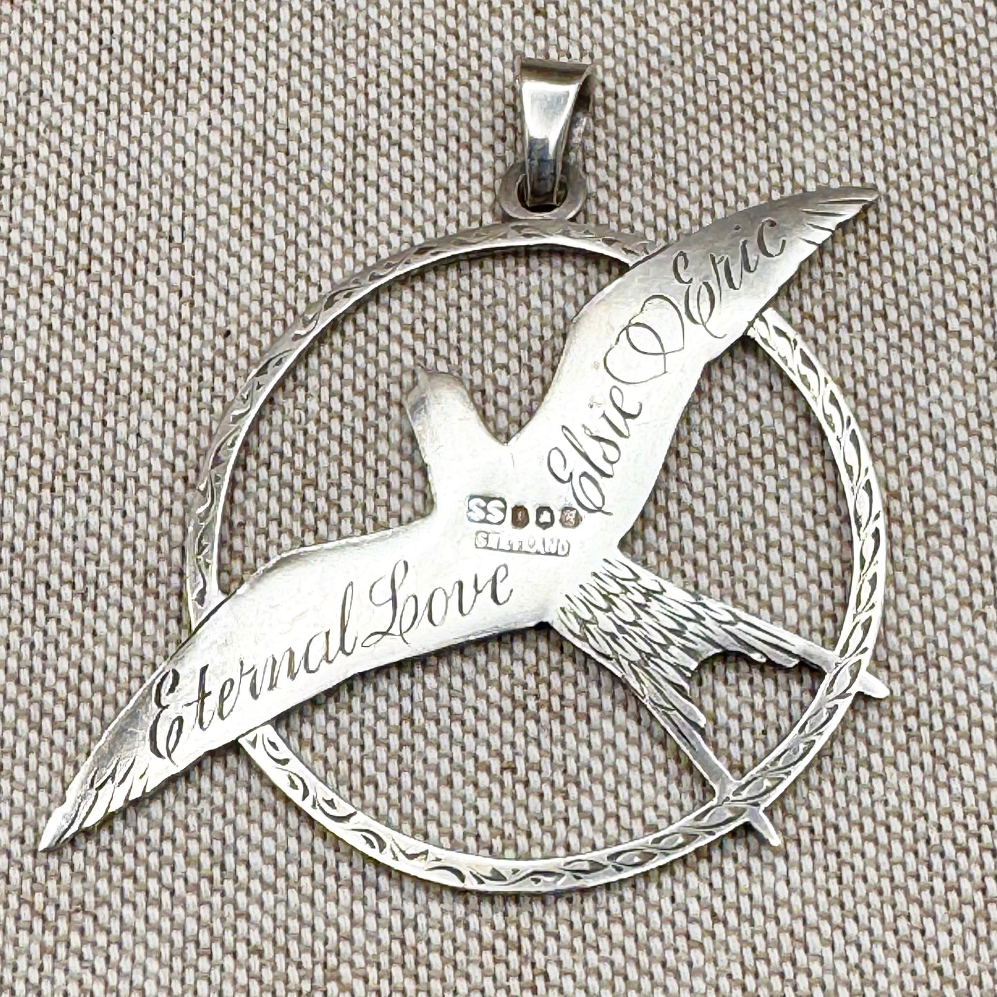 Silver swallow pendant and love token – hand-engraved, hallmarked Edinburgh 1975