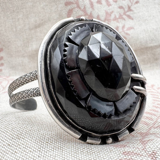 Silver and carved black stone cuff bracelet, hallmarked London 2022
