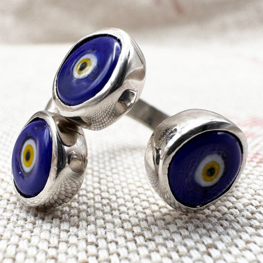 Silver triple 'evil eye' ring, size M (US 6) - adjustable