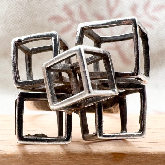 Silver geometric cube ring, size O.5 (US 7.5)