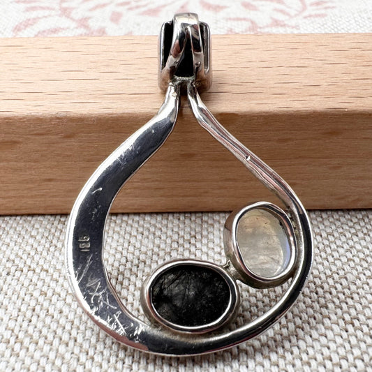 Silver pendant with onyx, moonstone & tourmalinated quartz