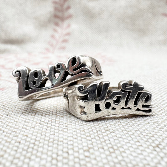 Etah Love silver ‘Love’ & ‘Hate’ rings, size J (US 4.5)