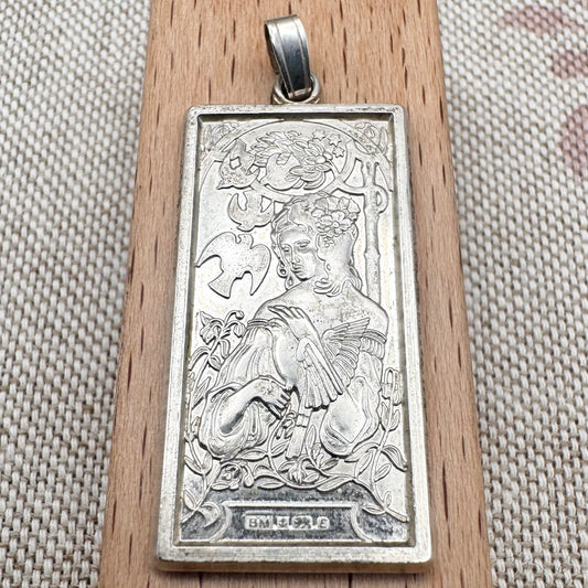 Vintage Mucha-style Virgo zodiac pendant, hallmarked Birmingham 1979