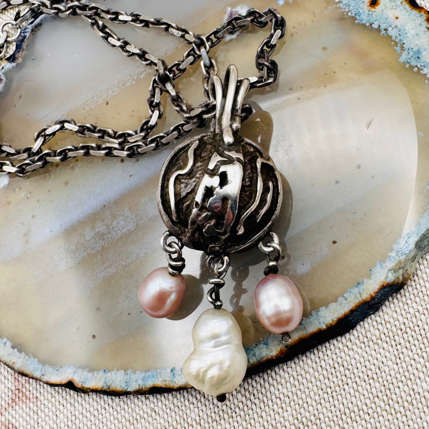 Artisan silver necklace with pearls