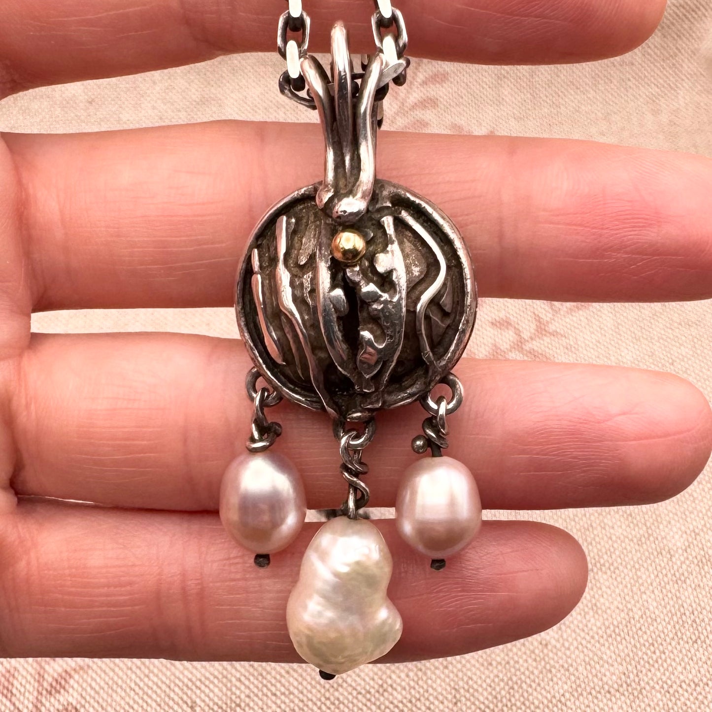 Artisan silver necklace with pearls