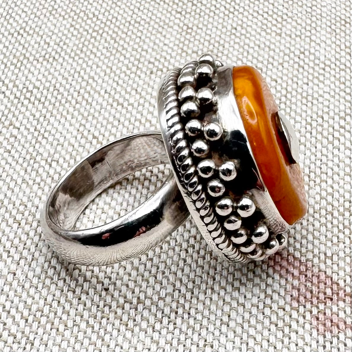 Vintage silver ring with circular amber and granule detail, size L/5.5