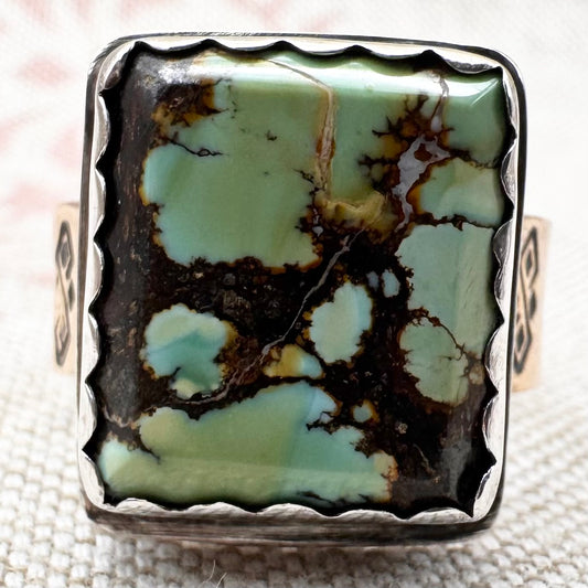 Large silver square turquoise and gilt ring, size S.5 (US 9.5)