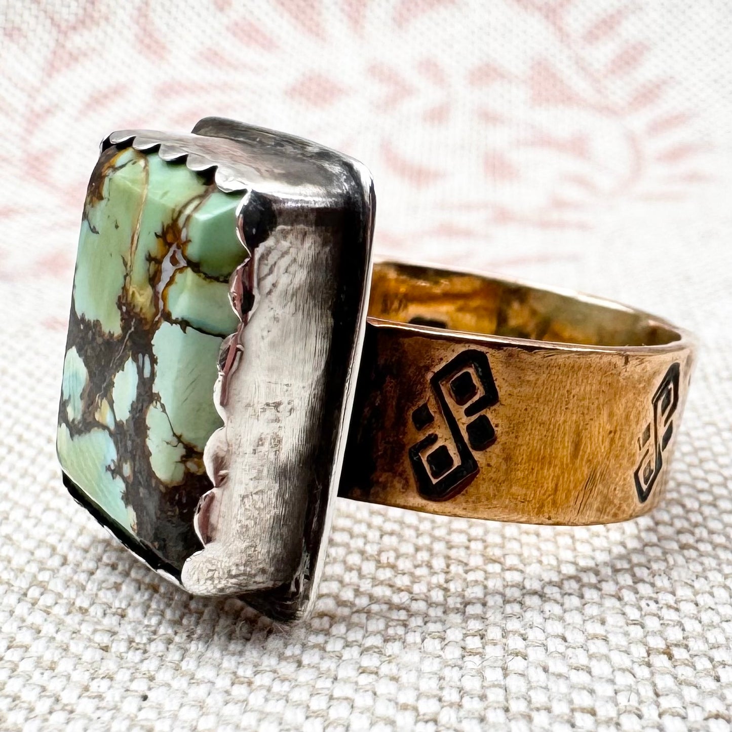 Large silver square turquoise and gilt ring, size S.5 (US 9.5)