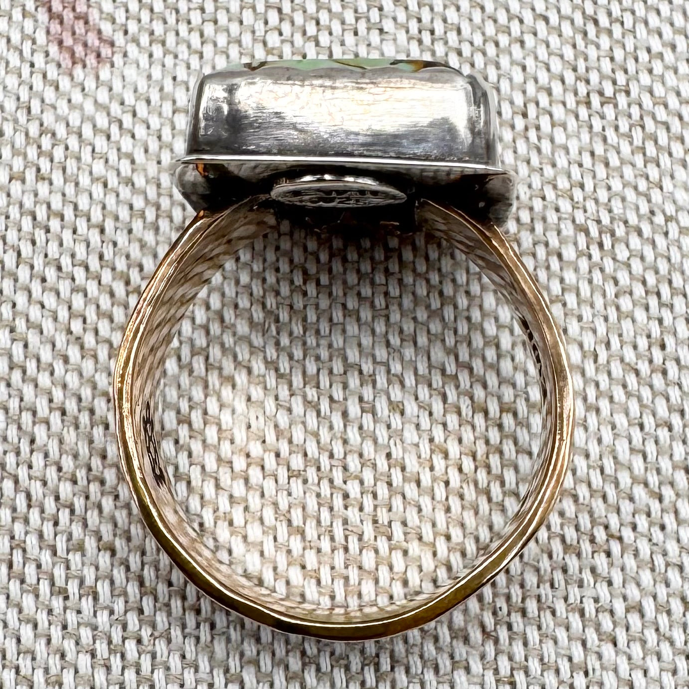 Large silver square turquoise and gilt ring, size S.5 (US 9.5)