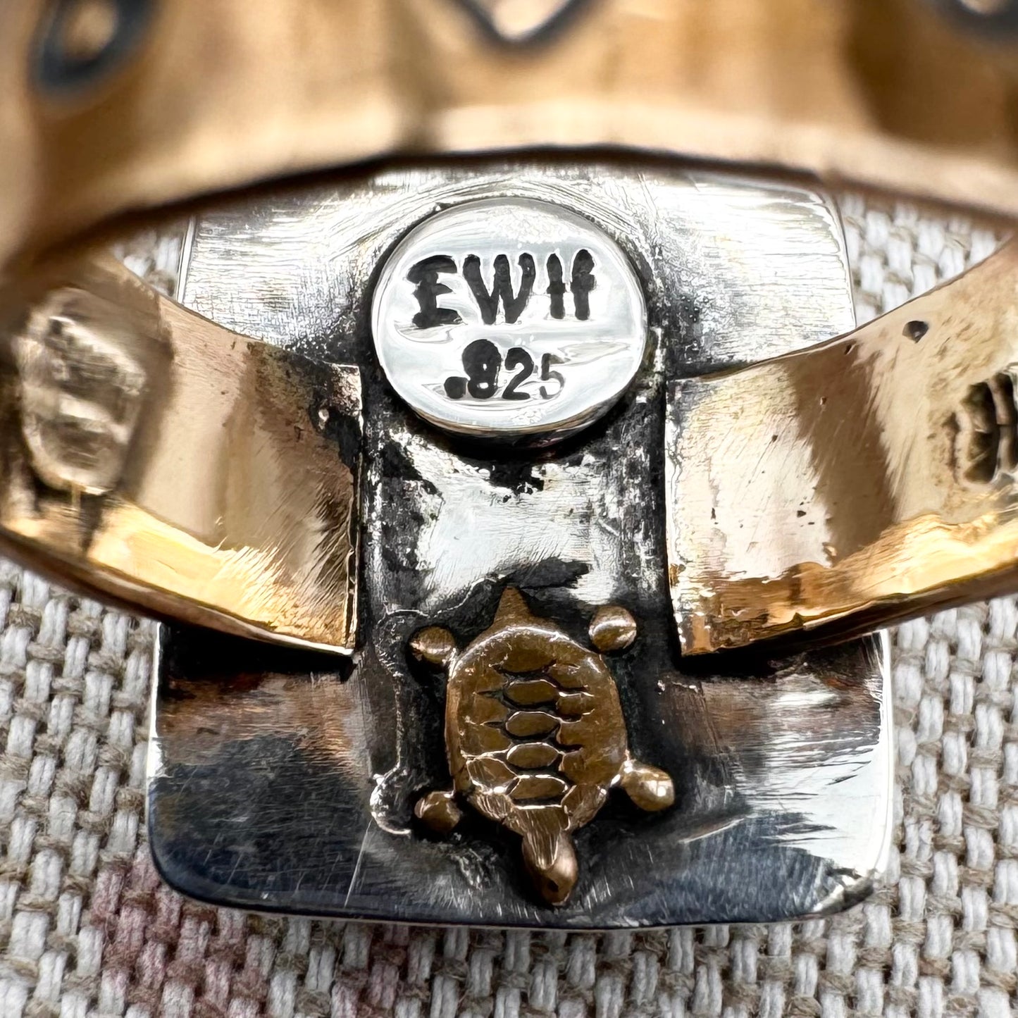 Large silver square turquoise and gilt ring, size S.5 (US 9.5)