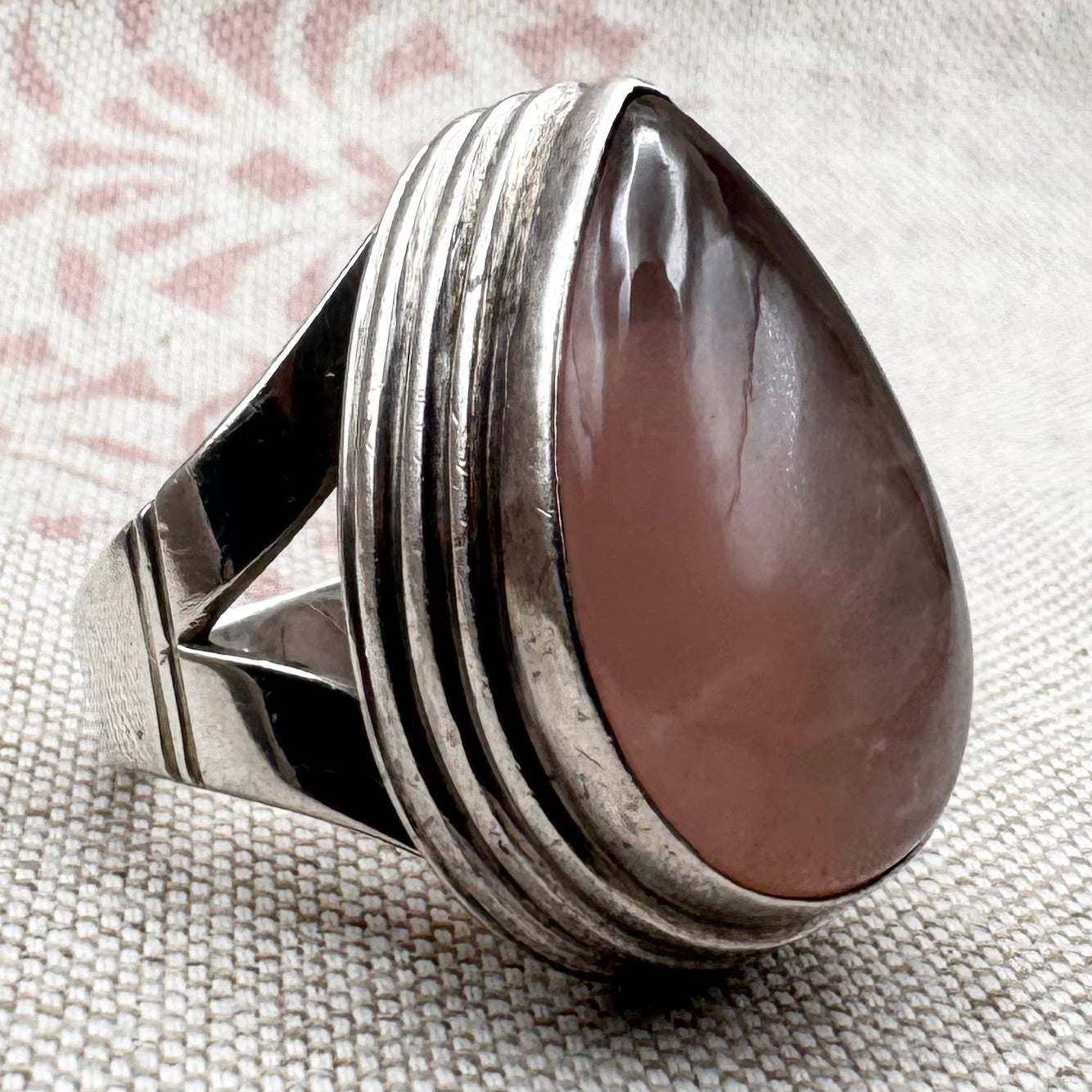 Vintage pear-cut rose quartz ring, Birmingham hallmark, size Q.5 (US 8.5)
