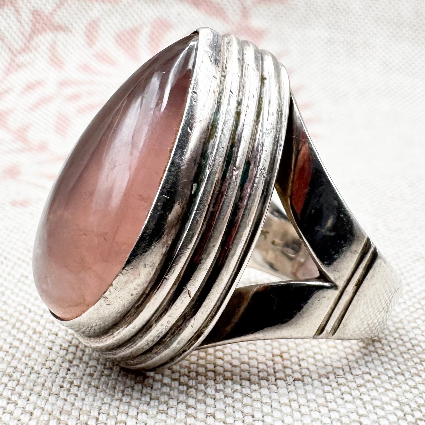 Vintage pear-cut rose quartz ring, Birmingham hallmark, size Q.5 (US 8.5)