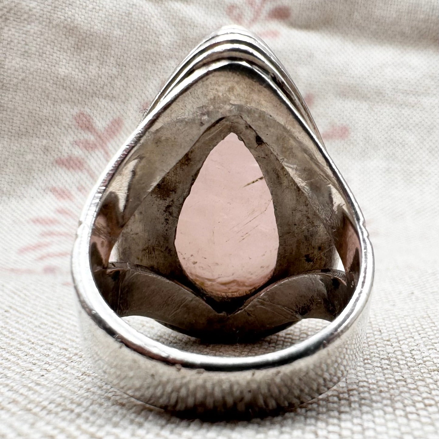Vintage pear-cut rose quartz ring, Birmingham hallmark, size Q.5 (US 8.5)