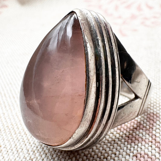 Vintage pear-cut rose quartz ring, Birmingham hallmark, size Q.5 (US 8.5)