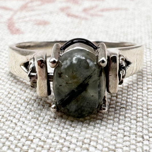 Spinner ring with moss agate & black onyx, size T/9.5