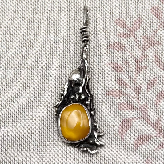 Raw silver & butterscotch amber pendant – organic statement piece
