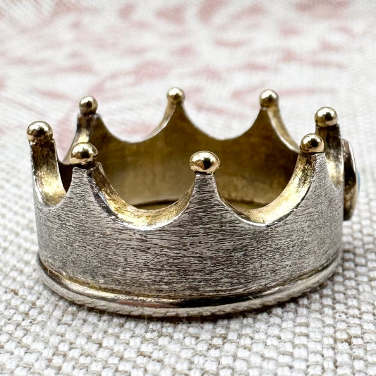 Handcrafted crown ring – silver with turquoise & golden highlights, hallmarked Birmingham 1997, size M/6