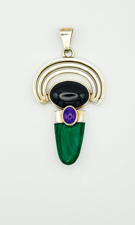 1970s vintage Mexican silver pendant with onyx, amethyst & malachite – handmade
