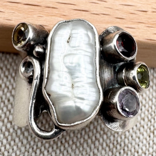 Contemporary statement ring with baroque pearl and gemstone accents, size M/6