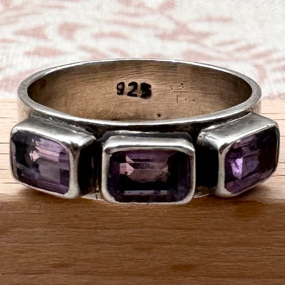 Amethyst ring – triple stone design, size L.5/6
