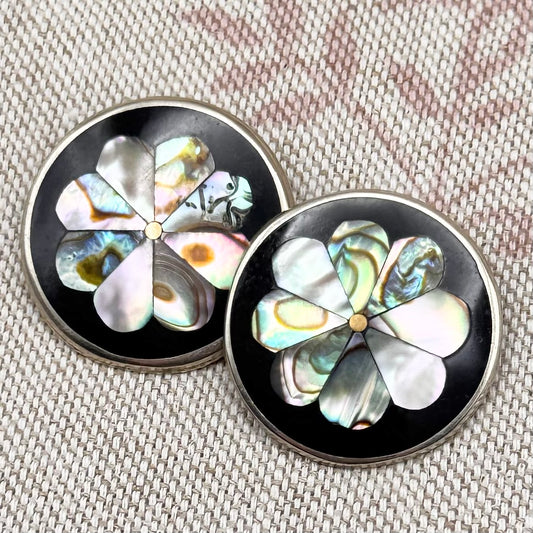 Statement clip-on earrings with abalone shell flower design
