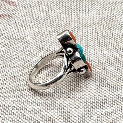 Boho turquoise & coral ring, size L.5/6
