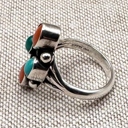 Boho turquoise & coral ring, size L.5/6
