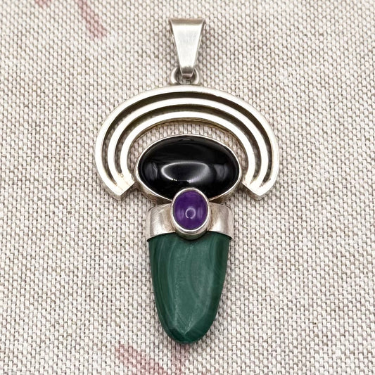 1970s vintage Mexican silver pendant with onyx, amethyst & malachite – handmade