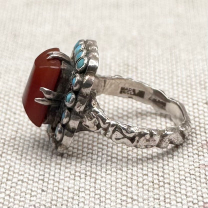 Carnelian and turquoise vintage ring, size J/4.5
