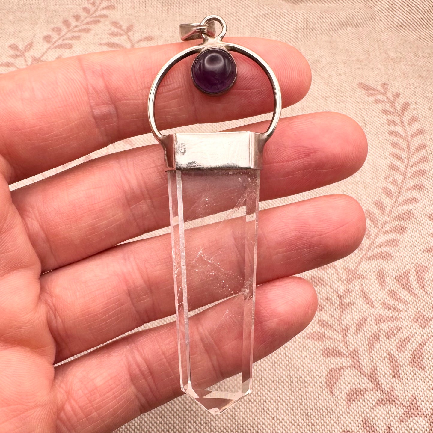 Silver pendant with clear quartz and amethyst