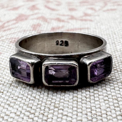 Amethyst ring – triple stone design, size L.5/6