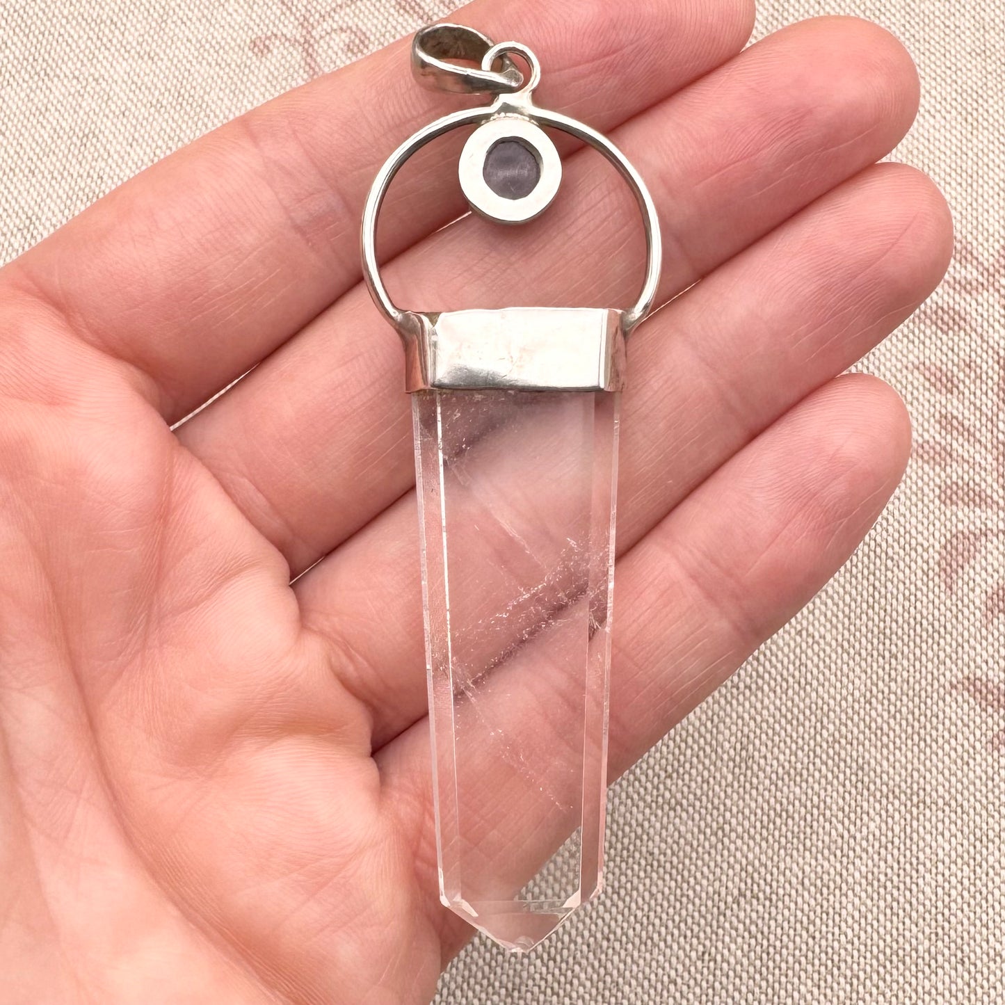 Silver pendant with clear quartz and amethyst