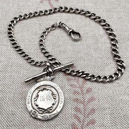 Antique Albert chain (Birmingham 1907) with WWII medallion (London 1929)