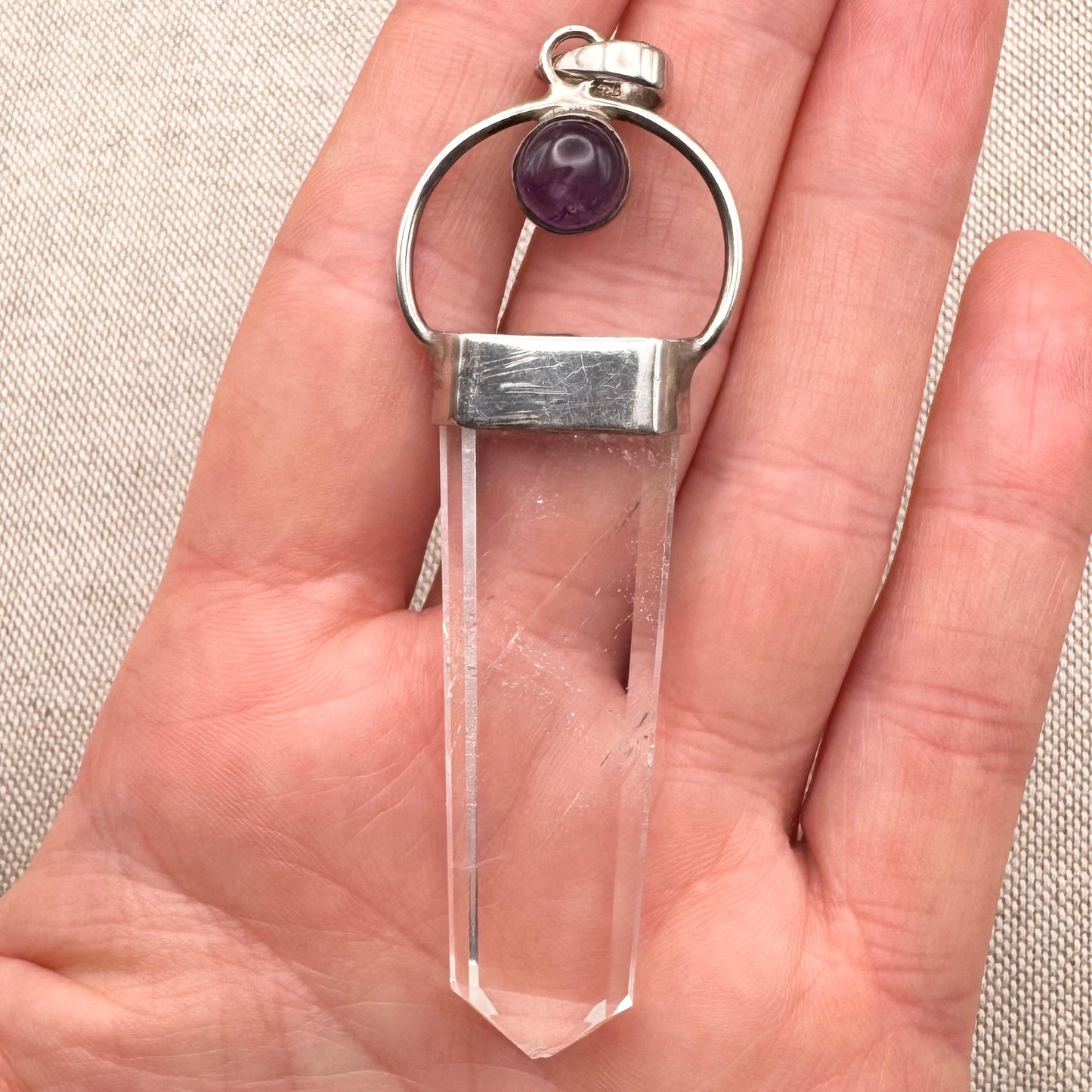 Silver pendant with clear quartz and amethyst