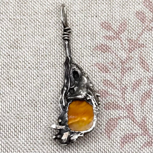 Raw silver & butterscotch amber pendant – organic statement piece